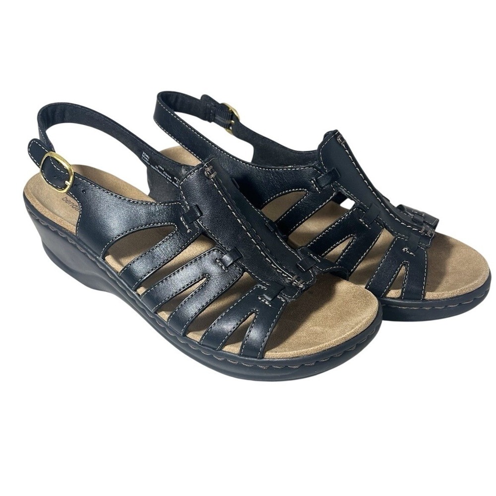 Clarks Bendables Wedge Sandals Women's 10M Black Leather Strappy Slingback w/BOX